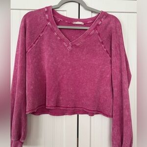 Altar'd State Pink V-Neck Cropped Sweatshirt - Medium